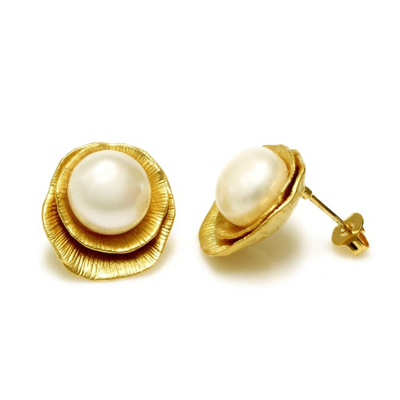 18 Kt Hallmark Real Solid Yellow Gold Pearl Bridesmaid Stud Earrings Screw Back