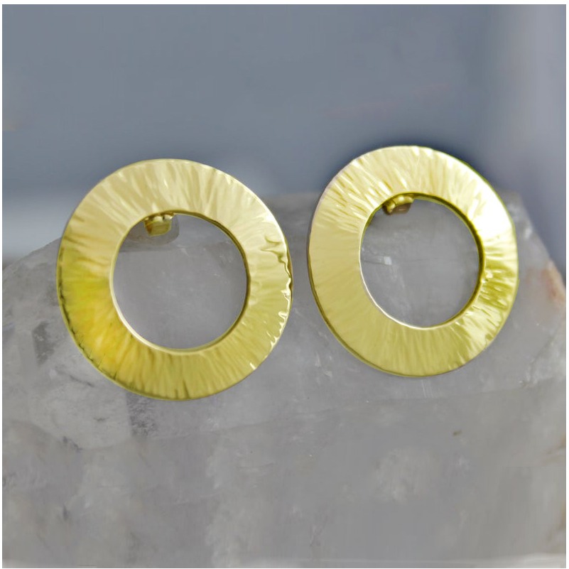 Fine Jewelry 18 Kt Hallmark Real Solid White Gold Hammered Circle Stud Earrings
