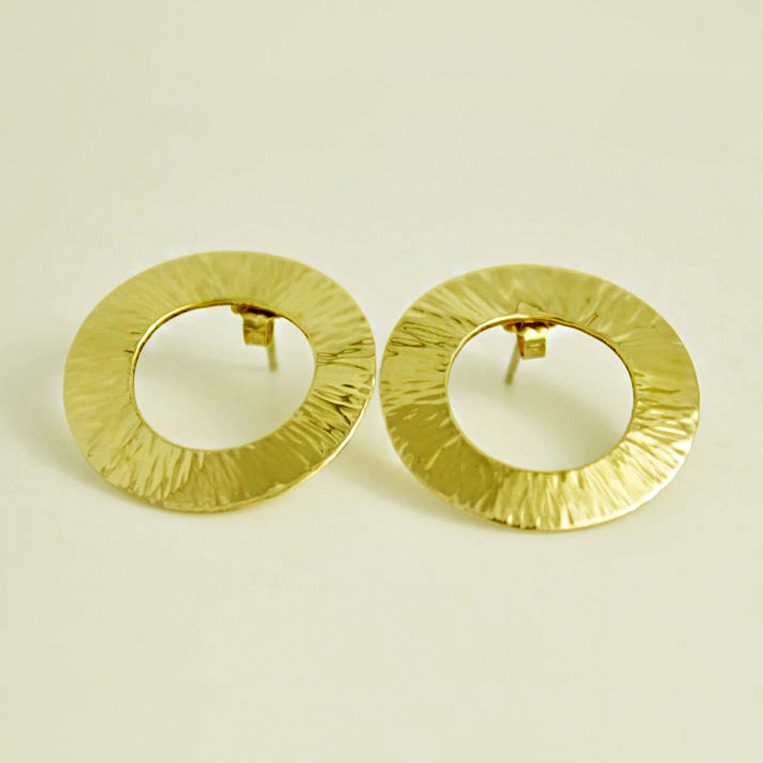 Fine Jewelry 18 Kt Hallmark Real Solid White Gold Hammered Circle Stud Earrings
