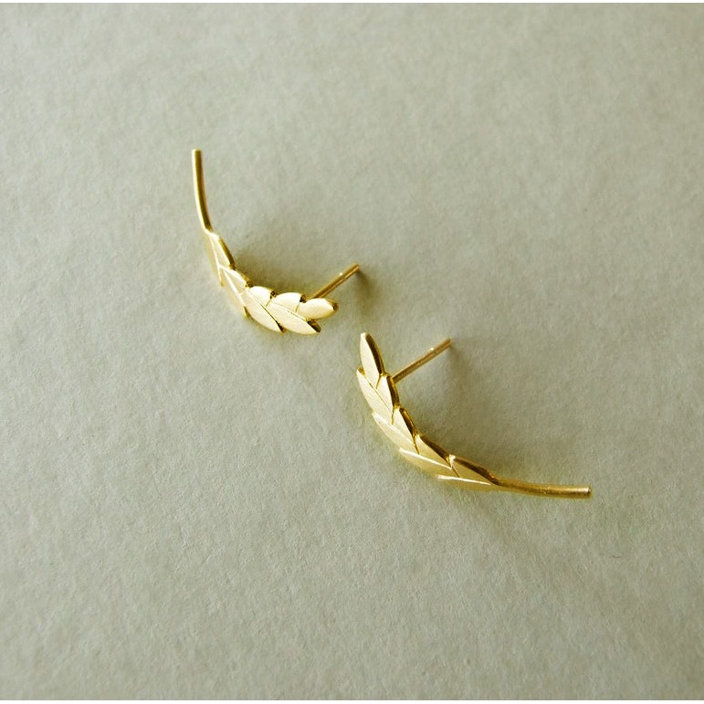 22 Kt Hallmark Real Solid Yellow Gold Wheat Ear Climbers Woodland Stud Earrings