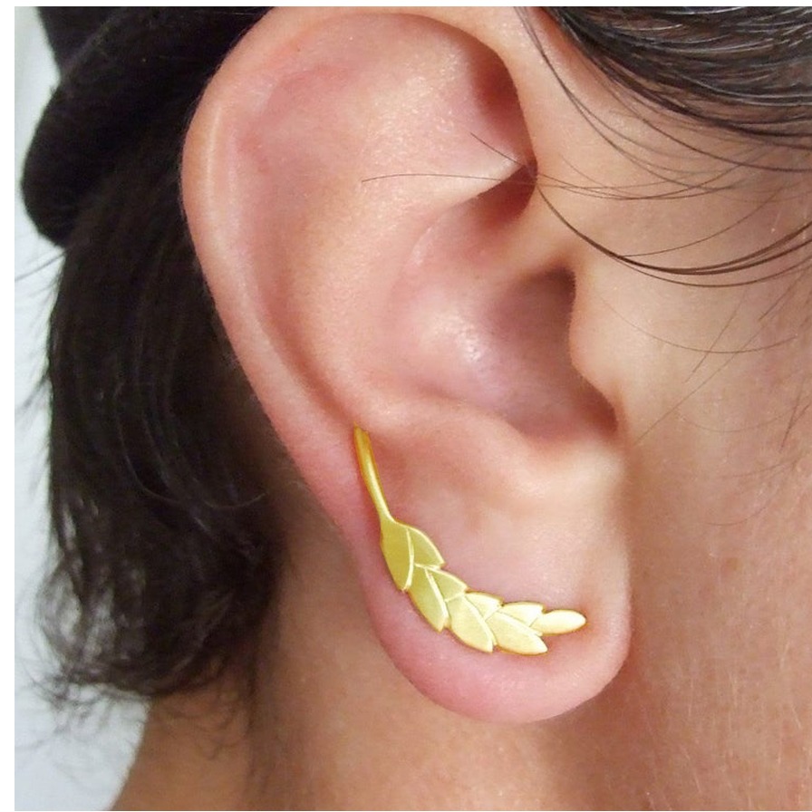 22 Kt Hallmark Real Solid Yellow Gold Wheat Ear Climbers Woodland Stud Earrings