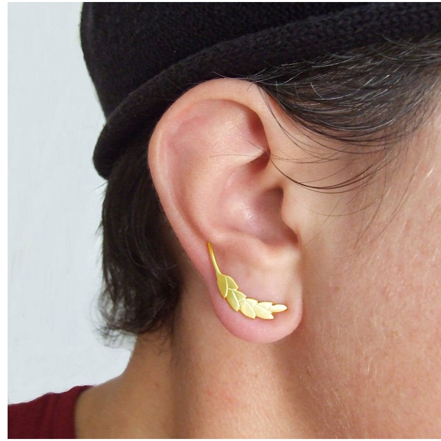 22 Kt Hallmark Real Solid Yellow Gold Wheat Ear Climbers Woodland Stud Earrings