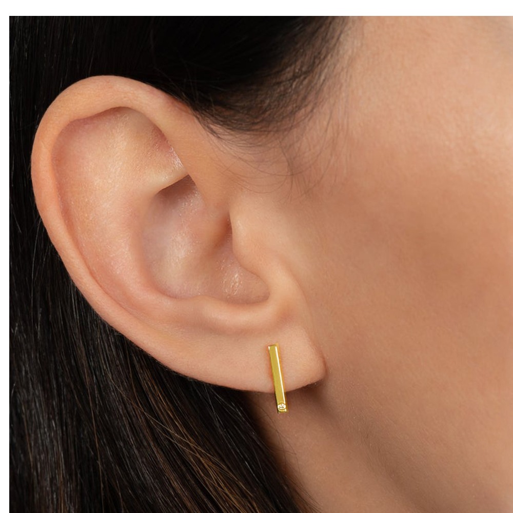 22 Kt Hallmark Real Solid Yellow Gold With Tiny CZ Bar Stud Minimalist Earrings