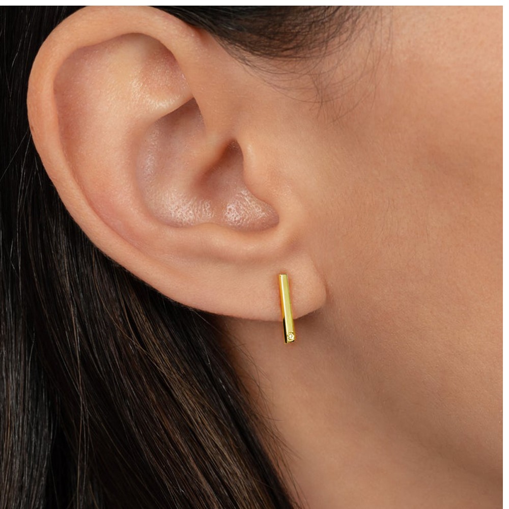 22 Kt Hallmark Real Solid Yellow Gold With Tiny CZ Bar Stud Minimalist Earrings
