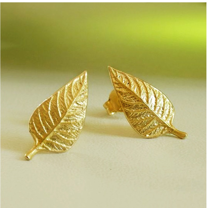 Fine Jewelry 18 Kt Hallmark Real Solid Yellow Gold Women'S Stud Leaf Earrings