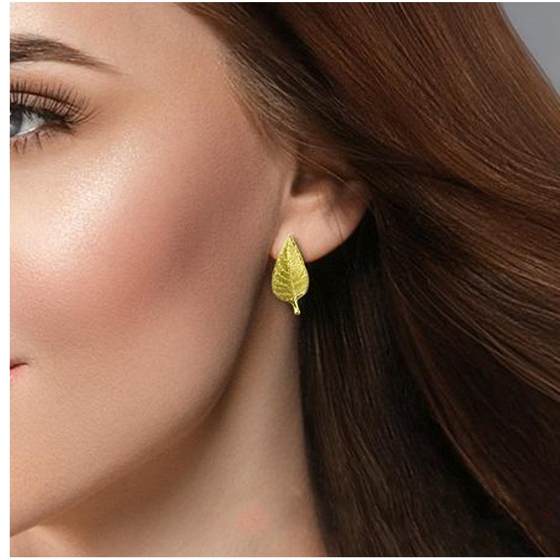 Fine Jewelry 18 Kt Hallmark Real Solid Yellow Gold Women'S Stud Leaf Earrings
