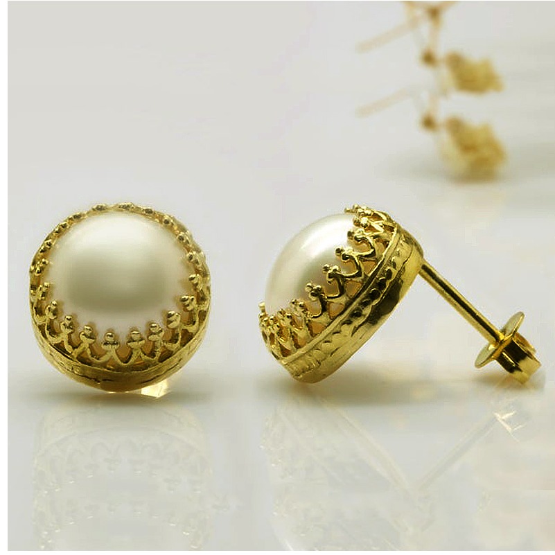 18 K Hallmark Real Solid Yellow Gold Post Freshwater Pearl Women'S Stud Earrings