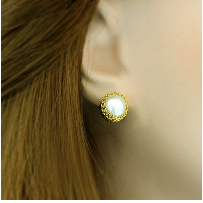 18 K Hallmark Real Solid Yellow Gold Post Freshwater Pearl Women'S Stud Earrings