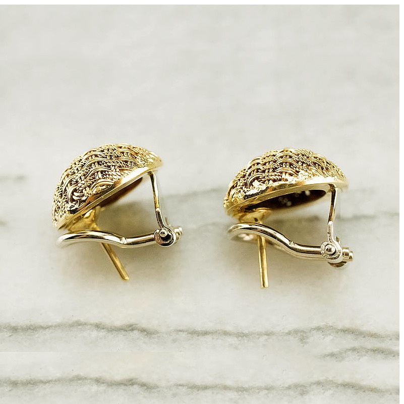 18 Kt Hallmark Real Solid Yellow Gold Italian Woven Domed Stud Earrings Omega