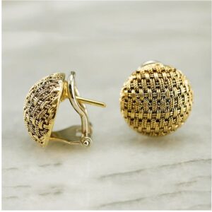 18 Kt Hallmark Real Solid Yellow Gold Italian Woven Domed Stud Earrings Omega