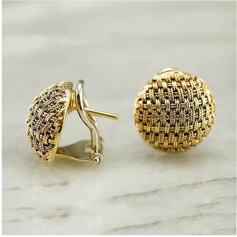 18 Kt Hallmark Real Solid Yellow Gold Italian Woven Domed Stud Earrings Omega