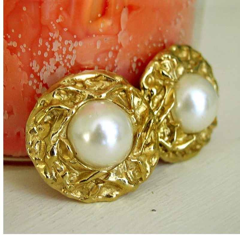 22K Hallmark Real Solid Yellow Gold Donald Stannard Pearl Clip On Stud Earrings