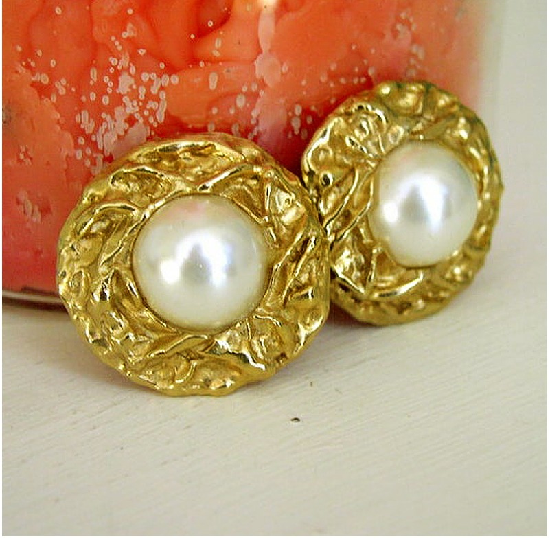 22K Hallmark Real Solid Yellow Gold Donald Stannard Pearl Clip On Stud Earrings