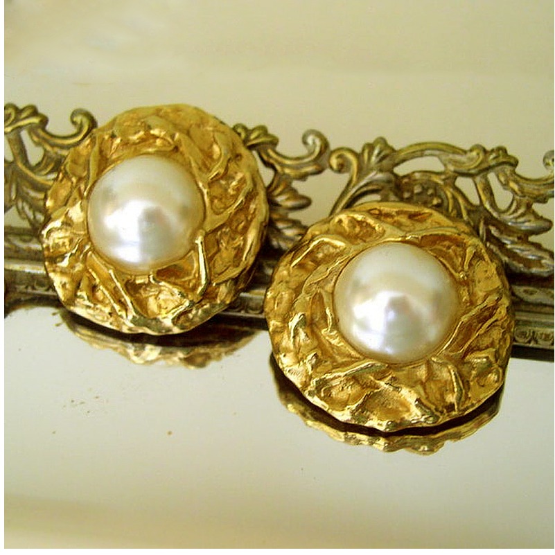 22K Hallmark Real Solid Yellow Gold Donald Stannard Pearl Clip On Stud Earrings
