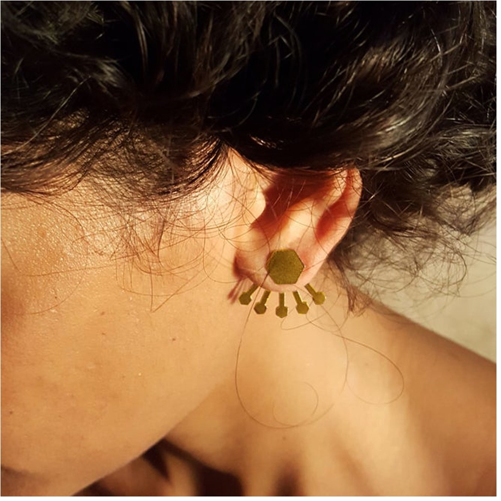 22 Kt Real Solid Yellow Gold Geometric Hexagon Front Back urban Stud Earrings