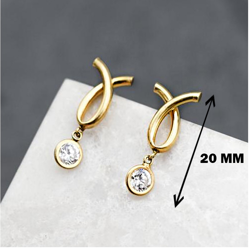 22 Kt Hallmark Real Solid Yellow Gold Modernist CZ Dainty Drop Stud Earrings