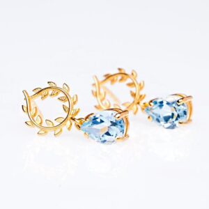 18 Kt Hallmark Real Solid Yellow Gold Olive Leaves Wreath CZ Drop Stud Earrings