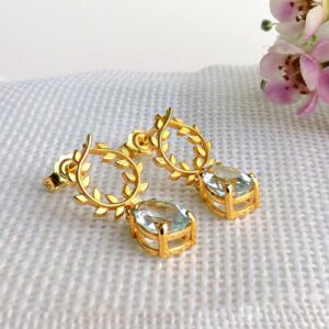 18 Kt Hallmark Real Solid Yellow Gold Olive Leaves Wreath CZ Drop Stud Earrings