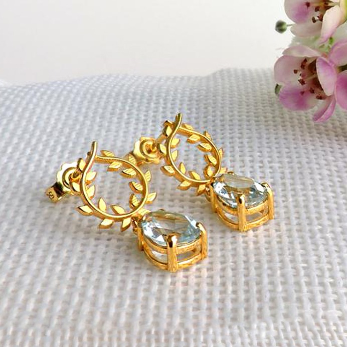 18 Kt Hallmark Real Solid Yellow Gold Olive Leaves Wreath CZ Drop Stud Earrings