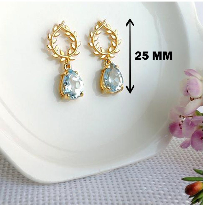 18 Kt Hallmark Real Solid Yellow Gold Olive Leaves Wreath CZ Drop Stud Earrings