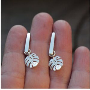 18 Kt Real Solid White Gold Monstera Leaf Lover Dangle Drop Women's Earrings 8g