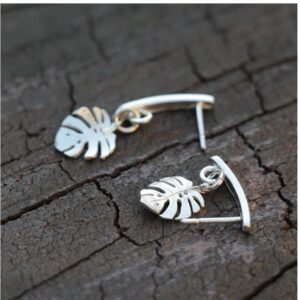 18 Kt Real Solid White Gold Monstera Leaf Lover Dangle Drop Women's Earrings 8g