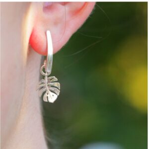 18 Kt Real Solid White Gold Monstera Leaf Lover Dangle Drop Women's Earrings 8g
