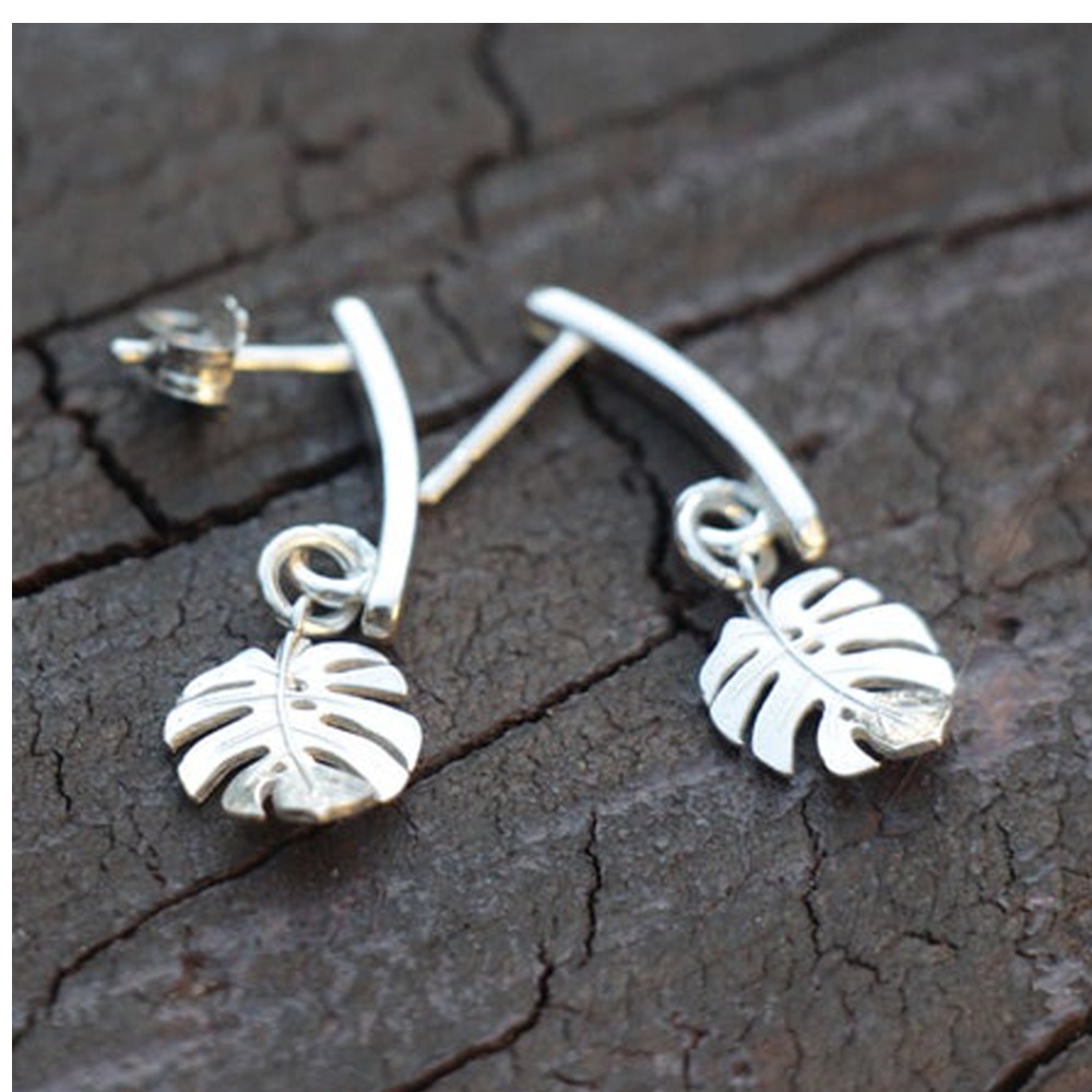 18 Kt Real Solid White Gold Monstera Leaf Lover Dangle Drop Women's Earrings 8g - Image 2