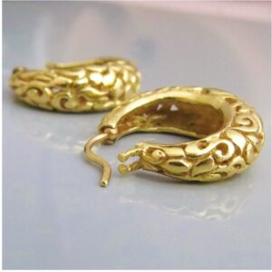 18 Kt Real Solid Yellow Gold Filigree Gypsy Casual Women'S Huggie Hoop Earrings