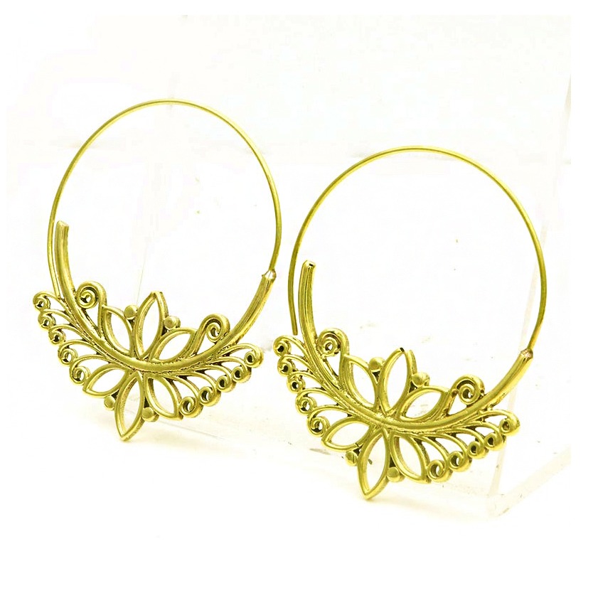 18 Kt Hallmark Real Solid Yellow Gold Tribal Boho Hoop Dangle Drop Earrings - Image 2