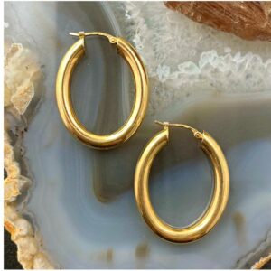 18 Kt Hallmark Real Solid Yellow Gold Classic Plain Oval Tubular Hoop Earrings
