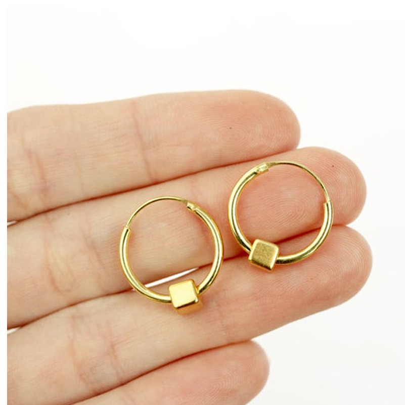 18 Kt Hallmark Real Solid Yellow Gold Geometric Tiny Box Huggie Hoop Earrings - Image 3