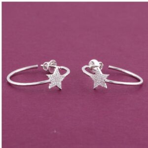 14 Kt Hallmark Real Solid White Gold Zircon Star Women'S Huggie Hoop Earrings