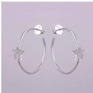 14 Kt Hallmark Real Solid White Gold Zircon Star Women'S Huggie Hoop Earrings