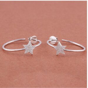 14 Kt Hallmark Real Solid White Gold Zircon Star Women'S Huggie Hoop Earrings