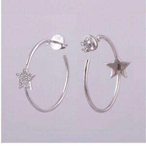 14 Kt Hallmark Real Solid White Gold Zircon Star Women'S Huggie Hoop Earrings