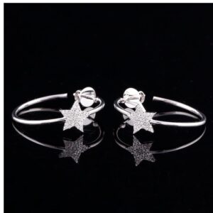14 Kt Hallmark Real Solid White Gold Zircon Star Women'S Huggie Hoop Earrings