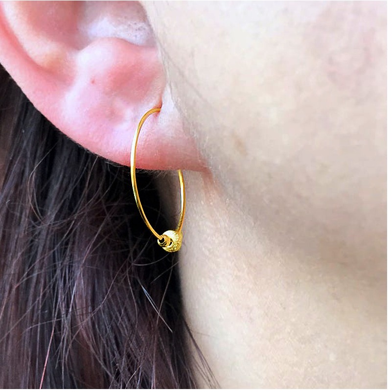 18 K Hallmark Real Solid Yellow Gold Tiny Beaded Minimalist Huggie Hoop Earrings - Image 2
