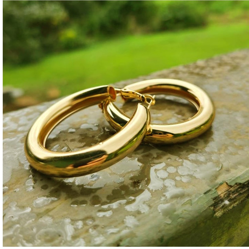 18 Kt Hallmark Real Solid Yellow Gold Puffy Retro Century Huggie Hoop Earrings - Image 5