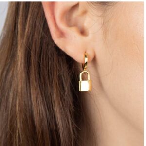 18 Kt Hallmark Real Solid Yellow Gold Lock Dainty Padlock Huggie Hoop Earrings