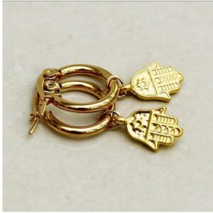 18 Kt Hallmark Real Solid Yellow Gold Hamsa Dainty Women'S Huggie Hoop Earrings