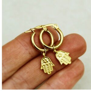 18 Kt Hallmark Real Solid Yellow Gold Hamsa Dainty Women'S Huggie Hoop Earrings