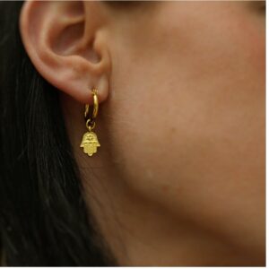 18 Kt Hallmark Real Solid Yellow Gold Hamsa Dainty Women'S Huggie Hoop Earrings