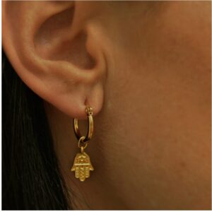 18 Kt Hallmark Real Solid Yellow Gold Hamsa Dainty Women'S Huggie Hoop Earrings