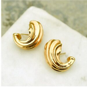 18 Kt Hallmark Real Solid Yellow Gold Ribbed Chunky Women'S Huggie Hoop Earrings