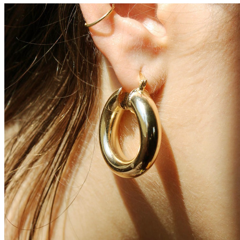 22 Kt Real Solid Yellow Gold Thick Round Chunky Women'S Huggie Hoop Earrings