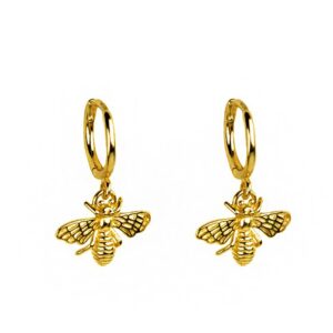 18 K Hallmark Real Solid Yellow Gold Bee Dainty Huggie Hoop Dangle Drop Earrings