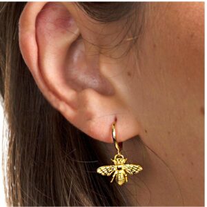 18 K Hallmark Real Solid Yellow Gold Bee Dainty Huggie Hoop Dangle Drop Earrings