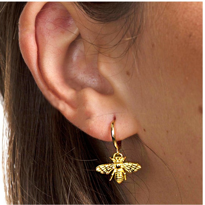 18 K Hallmark Real Solid Yellow Gold Bee Dainty Huggie Hoop Dangle Drop Earrings - Image 3