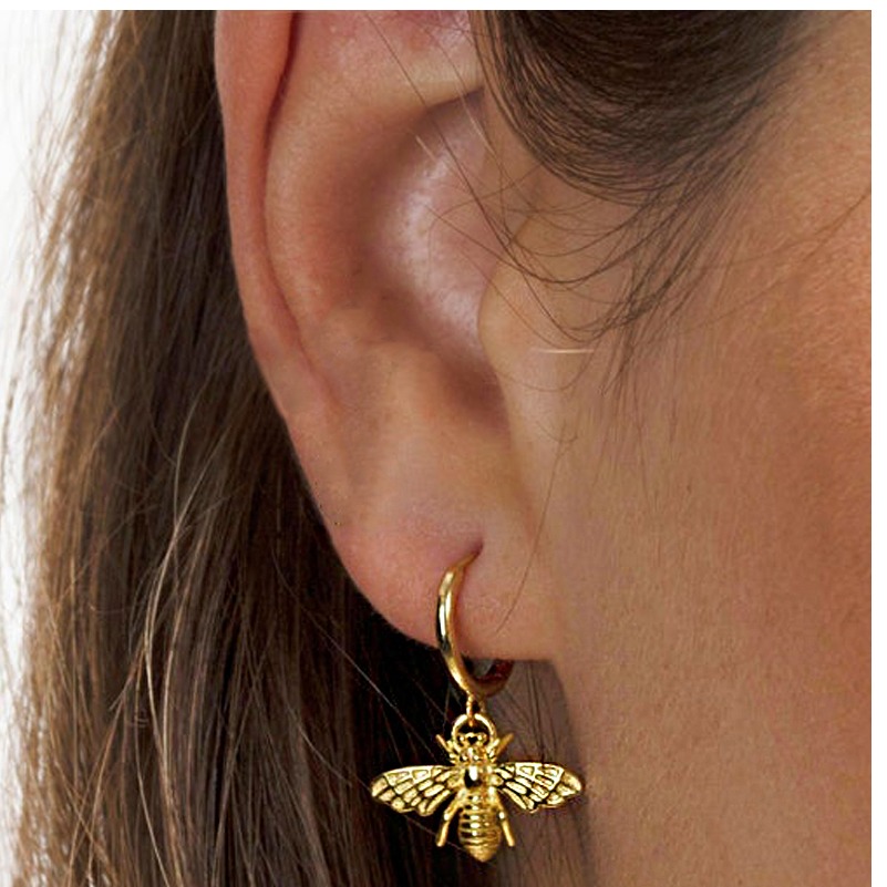 18 K Hallmark Real Solid Yellow Gold Bee Dainty Huggie Hoop Dangle Drop Earrings - Image 2